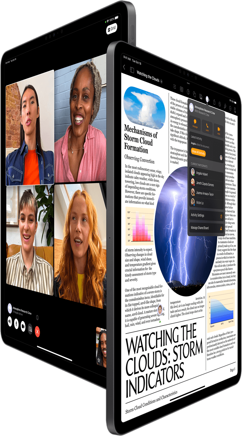Group FaceTime and Collaboration in Pages shown on two iPad Pro devices