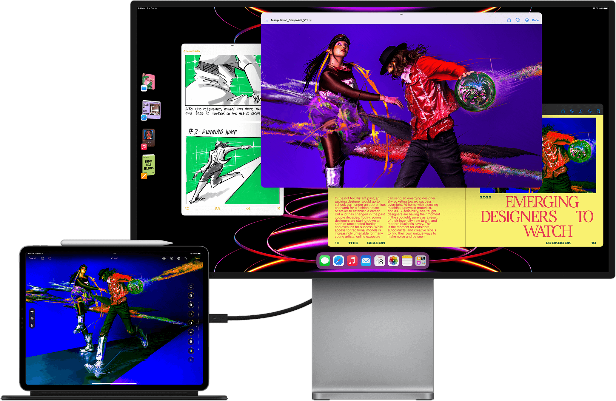 iPad Pro showing Photos app connected to external display showing multitasking with Stage Manager